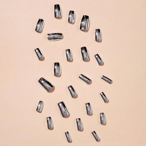 Silver Press on Nails Square Medium Fake Nails Metallic Chrome False Nails Mirror Silver Acrylic Nails Press ons Holographic Metal Chrome Glue on Nails Stick on Nails for Women Manicure 24pcs