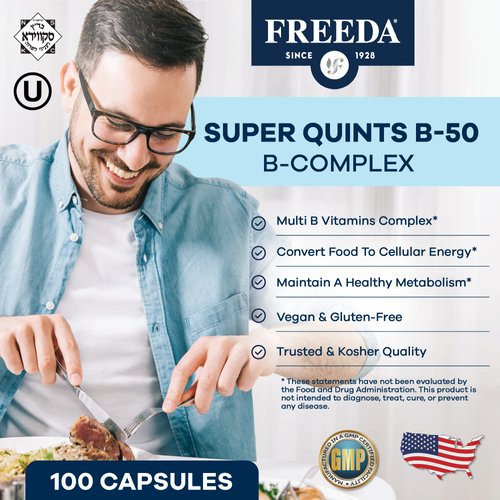 FREEDA Vitamin B Complex - Super Quints B-50 - Kosher Super B Complex Vitamin Supplement for Women & Men with Vitamin B1 Vitamin B2 Vitamin B3 Vitamin B6 Vitamin B12 Plus Folic Acid (250 Capsules)