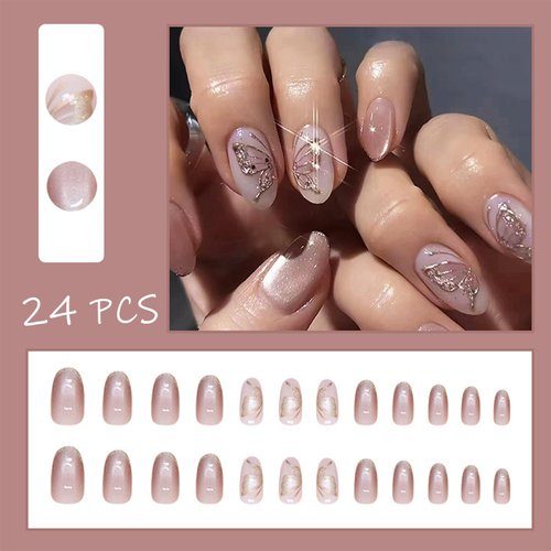 Sparkly Butterfly Press on Nails Short Almond Fake Nails Nude Pink with Butterfly Glitter Design False Nails Glossy Glue on Nails Full Cover Reusable Stick on Nails for Women and Girls Manicure 24Pcs
