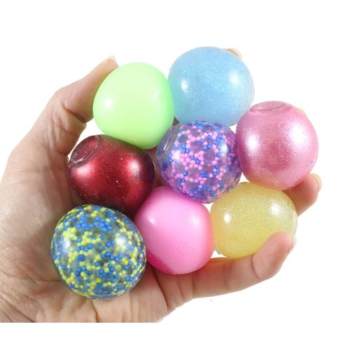 Curious Minds Busy Bags 8 Mini Stress Balls - 4 Glitter, Metallic, Confetti, Glow in Dark 1.5" Stress Ball - Ceiling Sticky Glob Balls - Squishy Gooey Shape-able Squish Sensory Squeeze Balls