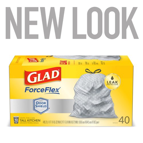 Glad ForceFlex Tall Kitchen Drawstring Trash Bags, 13 Gal, OdorShield, 40 Ct