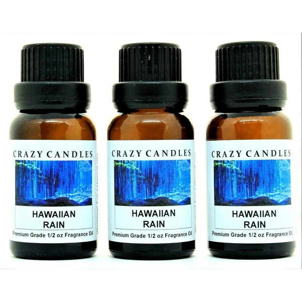 Crazy Candles Hawaiian Rain 3 Bottles 1/2 Fl Oz Each (15ml) Premium Grade Scented Fragrance Oil (Frangipani, White Ginger,Plumeria and Water Aroma)