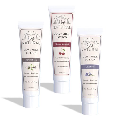 Way Natural Goat Milk Lotion, Variety - Creamy, Dry Skin Relief, Hand & Body Lotion - Real Goat Milk Hand Cream for Women and Men - Lavender, Cherry Almond, Vanilla Bean Lotion - 3 (2oz) Tubes