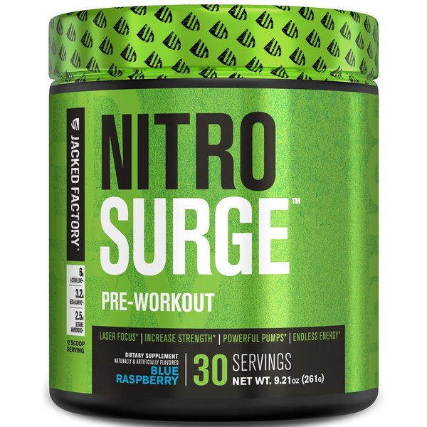 Jacked Factory NITROSURGE Pre Workout Supplement - Energy Booster, Instant Strength Gains, Clear Focus & Intense Pumps - NO Booster & Powerful Preworkout Energy Powder - 30 Servings, Blue Raspberry