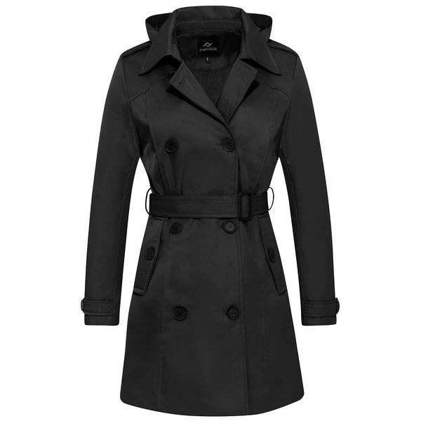 FARVALUE Women's Waterproof Trench Coat Double Breasted Windbreaker Classic Belted Lapel Overcoat with Removable Hood Black Medium