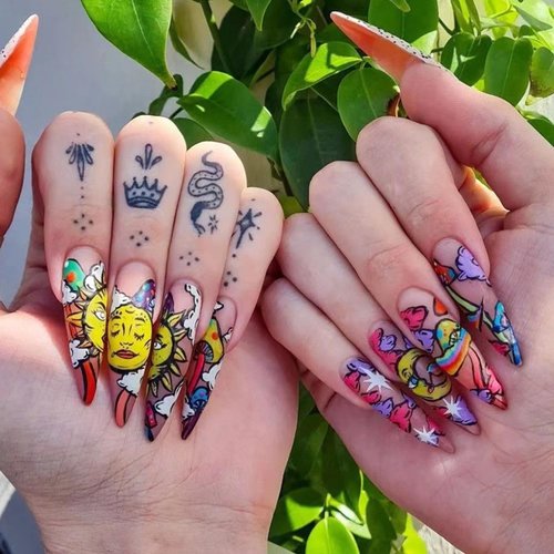 24Pcs Long Press on Nails Pointed Stiletto Fake Nails Colorful Sun Moon God Cloud Design Full Cover Glossy Acrylic Nails Almond Shape False Nails Reusable Artificial Glue on Nails for Women Manicure