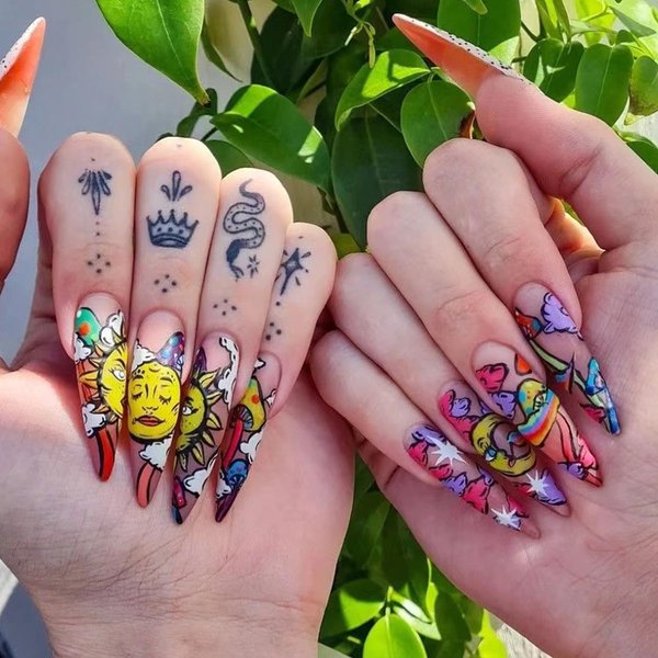 24Pcs Long Press on Nails Pointed Stiletto Fake Nails Colorful Sun Moon God Cloud Design Full Cover Glossy Acrylic Nails Almond Shape False Nails Reusable Artificial Glue on Nails for Women Manicure