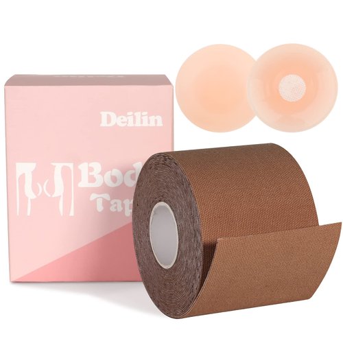 Deilin Boob Tape Boobytape Breast Lift Tape, 2 Pcs Petal Nipple Cover, Push Up & Lifting Tape Fit for Any Type of Clothing and A-D Cup Brown