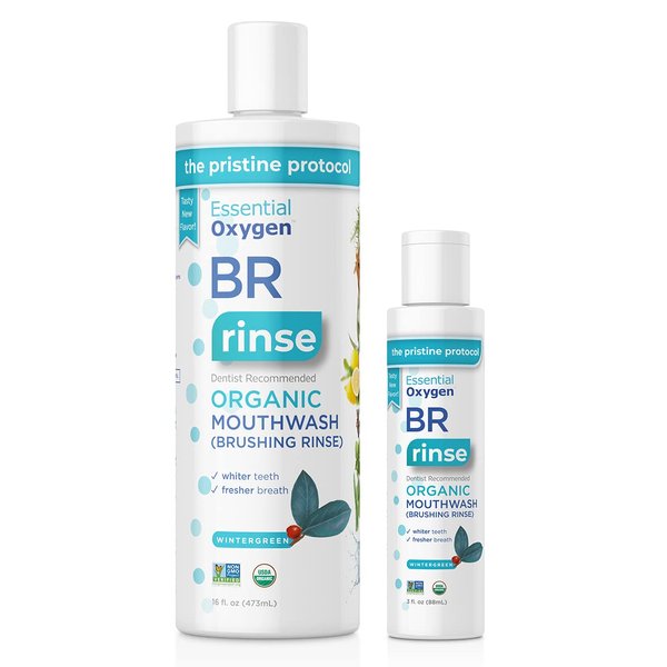 Essential Oxygen BR Certified Organic Brushing Rinse, All Natural Mouthwash for Whiter Teeth, Fresher Breath, and Happier Gums, Alcohol-Free Oral Care, Wintergreen, 2 Piece Set, 16 Oz