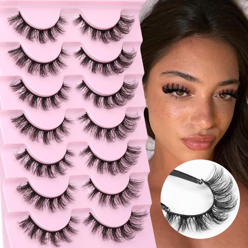 JIMIRE Russian Strip Lashes D Curl False Eyelashes Natural Look Cat Eye Lashes Fake Lashes Easy to Apply 7 Pairs Pack Beginners Friendly