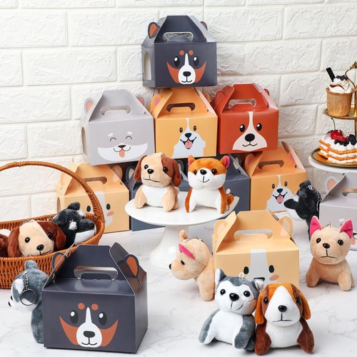 Fainne 12 Pcs Dog Party Favors Boxes with 12 Pcs Mini Plush Dog Set Puppy Treat Boxes Foldable Gift Boxes Puppy Theme Stuffed Animal for Adopt a Puppy Party Favors Birthday Party Supplies Decoration