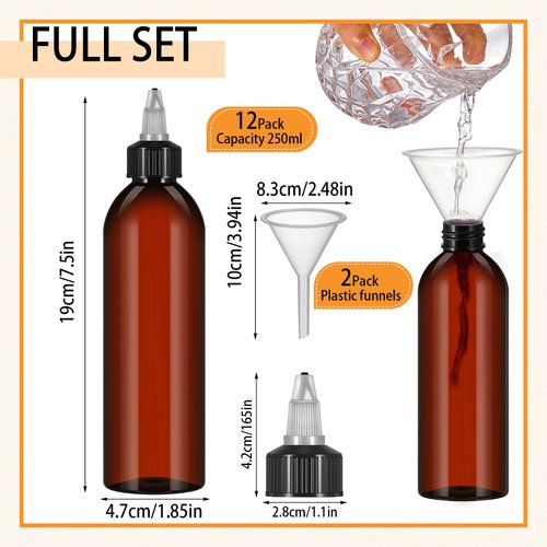 Barydat 12 Pcs Applicator Bottles for Hair, Squeeze Hair Oil Applicator Bottle Refillable Empty Plastic Bottles, Twist on Top Cap with Open Close Nozzle and 2 Funnels(8 oz,Amber)
