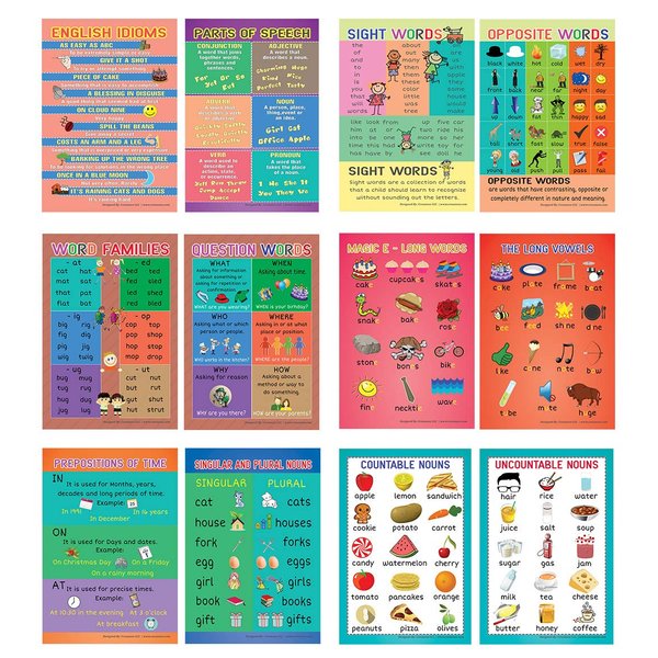 Creanoso Fun English Learning Words Educational Posters (6-Pack) - Teacher Teaching Supply - Stocking Stuffers Gifts for Boys Girls Home Activities - Functionable Designs – Home Schooling Kit