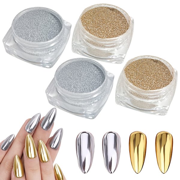 BPrettier Nail Chrome Powder Gold Silver Chrome Nail Powder 4 Jar Mermaid Chrome Nail Powders Glitter Nail Art Mirror Effect Shimmery Aurora Powder for Women Girls Gifts (Gold & Silver)