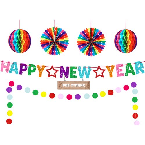 New Years Decorations 2025, Rainbow Glitter Happy New Year Banner Backdrop New Years Eve Party Supplies 2025 with Honeycomb Balls Paper Fans Paper Happy New Year Sign New Years Party Supplies Favors