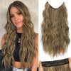 DeeThens Long Wavy Hair Extensions Honey Blonde with Highlight Transparent Fish Line Synthetic Hairpiece with 4 Secure Clips Adjustable Invisible Wire Headband for Women Daily Use（20 Inch）