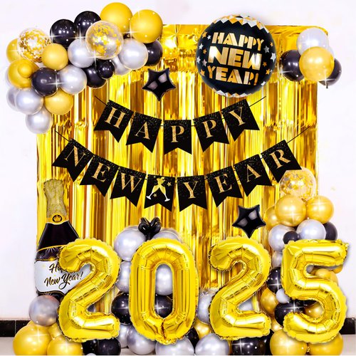 New Years Eve Party Supplies 2025, Happy New Year Decorations 2025 Kit New Years Decorations Happy New Year Balloons 2025 NYE Party Kit with 2025 Balloon Happy New Year Banner Fringe Curtains Backdrop