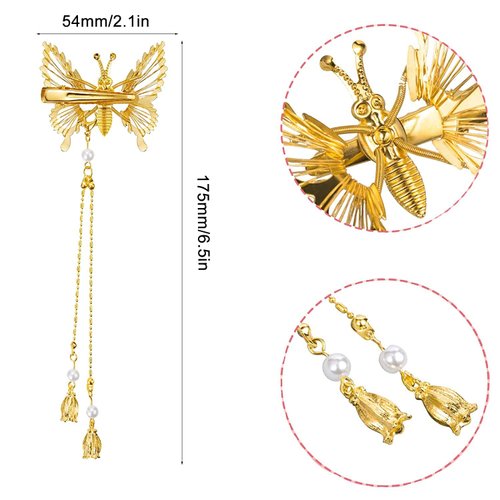 Flymind 12Pcs Moving Butterfly Tassel Hair Clips, Elegant Tassel Butterfly Hairpin Antique Side Clip Will Move Hairpins Decorative Bride Wedding Head Pieces Hair Accessories for Women Girls (Gold)