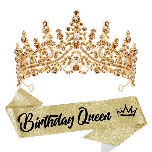 VELSCRUN Birthday Queen Tiara Crowns for Women Girls Gold Crystal Birthday Queen Headband Sash Elegant Princess Crown Happy Birthday Party Decorations Mom Sisters Birthday Gift Hair Accessories
