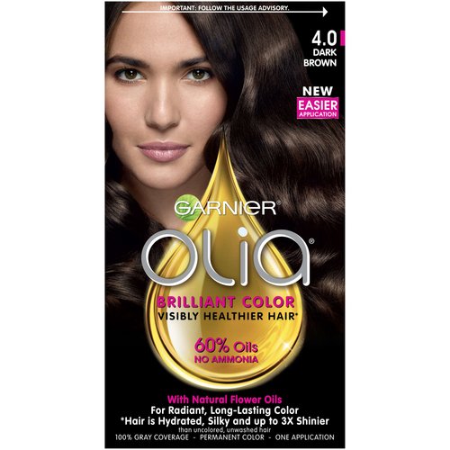 Garnier Olia Ammonia Free Permanent Hair Color, 100% Gray Coverage (Packaging May Vary), 4.0 Dark Brown Hair Dye, Pack of 1