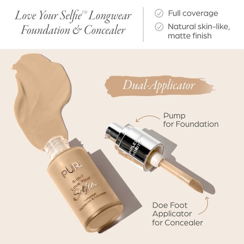PÜR MINERALS 4-in-1 Love Your Selfie Longwear Foundation & Concealer, Full Coverage Liquid Foundation, Hydrating Formula, Cruelty Free
