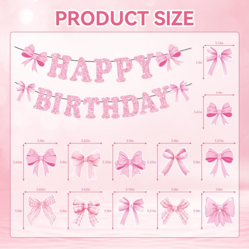 Papiailove Pink Bow Birthday Decorations, Coquete Birthday Party Decorations Set Happy Birthday Banner Ribbons Hanging Swirls Honeycomb Centerpieces for Girls Birthday Party Supplies