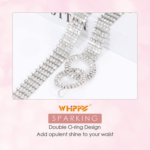 WHIPPY Women Rhinestone Belt Silver Shiny Diamond Fashion Crystal Ladies Double O-Ring Waist Belt for Jeans Dresses Fit Waist Size 35-41 Inches