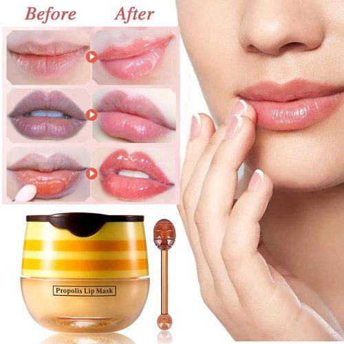 4 PCS Honey Lip Balm Pot, Honey & Strawberry Lip Sleeping Mask Vitamin E & Moisturizing Propolis Lip Balm with Stick, Prevention Dry and Cracked Lip Scrubs Exfoliator Lip Wrinkle