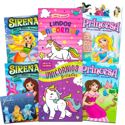 Spanish Princess, Unicorns, and Mermaids Bundle with 6 Pc Coloring Book Set with Bonus Princess Stickers ~ Libro de Colorear de 6 Piezas de Princesa, Unicornios, y Sirenas con Calcomanias de Princesa