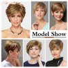 MIMAN Short Brown Pixie Cut Wig Short Hair Wigs with Bangs Mixed Blonde Highlight Layered Fluffy Synthetic Hair Replacement Wig for Women Halloween Costumes Wigs