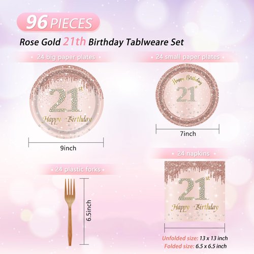 21st Birthday Decorations for Girls Rose Gold Sweet 21 Birthday Party Decoration for Her Rose Gold Plates Napkins Forks Set 21th Disposable Dinnerware Party Supplies for Girls Birthday Party Supplies