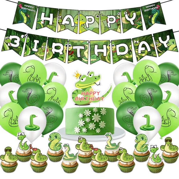 Snake Birthday Decorations 32 Pcs Snake Party Supplies with Green Birthday Banner Cake&Cakecup Topper Balloons for Kids Boys Birthday Party Decor