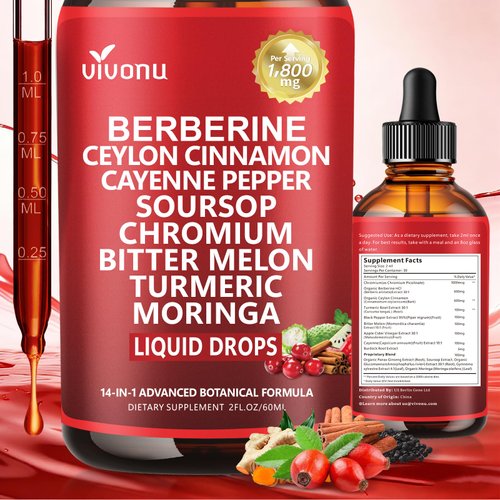 VivoNu Advanced Berberine & Cinnamon Drops – 14-in-1 Herbal Extracts with Chromium, Gymnema, Turmeric, Apple Cider Vinegar, Cayenne – 1800mg Potent Liquid Formula
