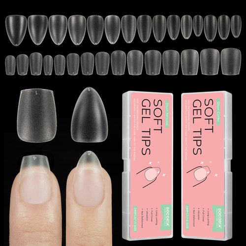 SOCORIA Soft Gel False Nail Tips 2 Styles Kit - Short Coffin, Short Almond 480PCS Pre-shaped Matte Full Cover Acrylic Fake Nail Tips for Nail Extension DIY Manicure Salon 15 Sizes