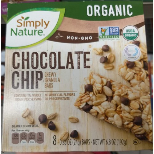 Simply Nature Organic Chocolate Chip Chewy Granola Bars 6.8oz(0.8oz x 8bars), Pack of 1