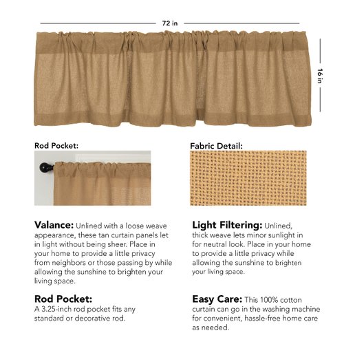 Lasting Impressions Burlap Natural Cotton Window Valance, 16-Inch-by-72-Inch