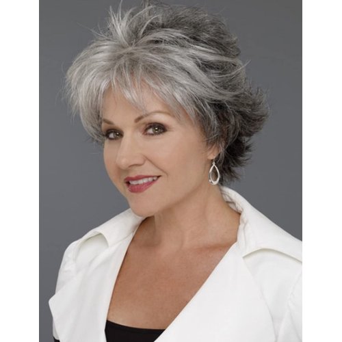 TISHINING Short Grey Curly Wigs for White Women Layered Silver Gray Pixie Cut Wig with Bangs Natural Looking Synthetic Salt and Pepper Wigs for Older Women