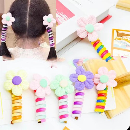 5 Pcs Colorful Telephone Wire Hair Bands Flower Bowknot Braided Phone Cord Straight Spiral Hair Tie for Women Girl Kids #05