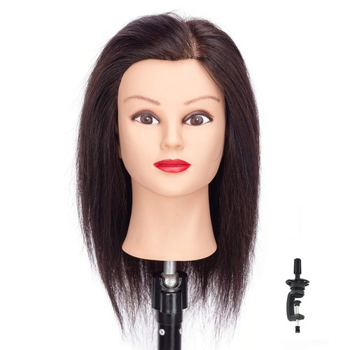 HAIREALM Mannequin Head 100% Real Human Hair Hairdresser Practice Training Head Manikin Cosmetology Doll Head with stand 18 inches RF1201