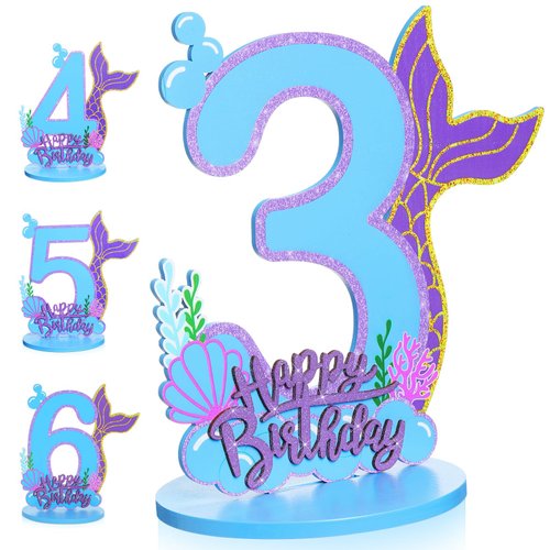 Wonderjune Mermaid Birthday Number Sign Centerpiece for Girls Wooden Mermaid Party Number Table Sign Decoration Mermaid Party Supplies for Birthday Anniversary (Number 3)