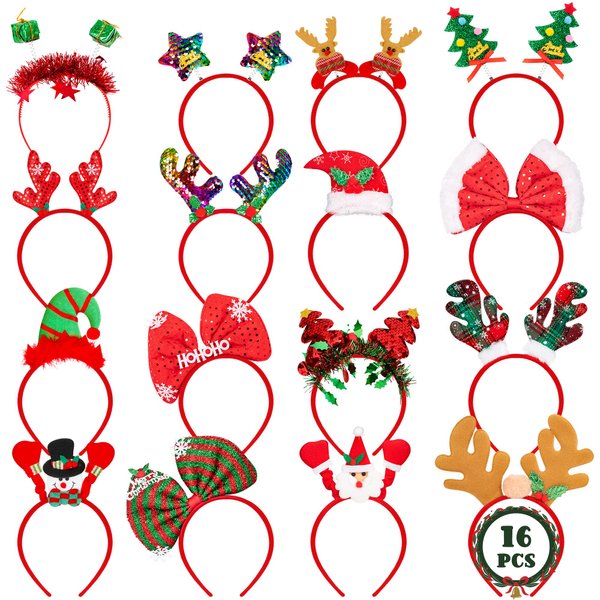 HOVACY 16 Packs Christmas Headbands, Cute Universal Christmas Toppers, Santa Hat, Reindeer Antlers, Snowman, Elf Hat, Bow Headwear for Adults Kids, Christmas Party Favors Holiday Supplies
