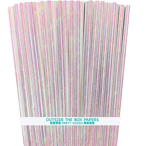 Iridescent Foil Paper Straws - White Pearl - Wedding Valentine Holiday Supply - 7.75 Inches - 100 Pack