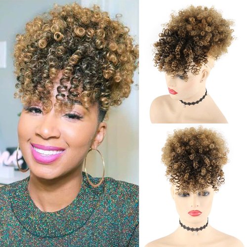 LEOSA Afro Puff Drawstring Ponytail Bun with Bangs Heat Resistant Synthetic Short Kinky Curly Ponytail Updo Hair Extensions with Two Clips,Natural looking Curly Womens (#1B/27)