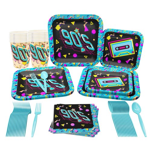 Blue Orchards 90s Party Supplies (116 Pieces for 16 Guests) - 90s Party Decorations, 90s Theme Party Decorations, 90s Party Decorations for Adults, 1990s Party, 90s Birthday Party Decorations