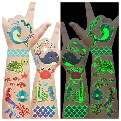 Cerlaza 145 Styles Glow Temporary Tattoos for Kids Girls Boys, Luminous Underwater Birthday Party Decorations, Under Sea Ocean Beach Pool Party Supplies Favors, Sea Animals Tattoo Stickers