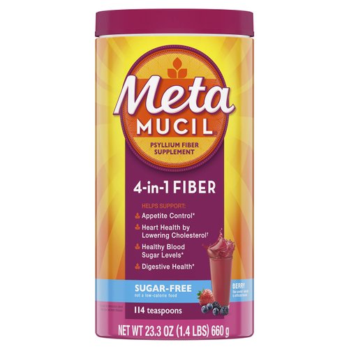 Metamucil Fiber, 4-in-1 Psyllium Fiber Supplement, Sugar-Free Powder, Berry Flavored Drink, 114 Servings (Packaging May Vary)