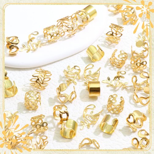 VENOFEN 60PCS Gold Hair Jewelry Adjustable Hair Cuffs Metal Braid Clips Loc Jewelry Hair Rings Mix Styles Non-Piercing Ear Cuffs Dreadlock Accessories for Women and Girls