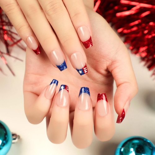 French Tip Press on Nails Medium Coffin Fake Nails Red Blue Independence Day False Nails Glitter 4th of July Star Glue on Nails Glossy American Flag Patriotic Full Cover Stick on Nails for Women Girls