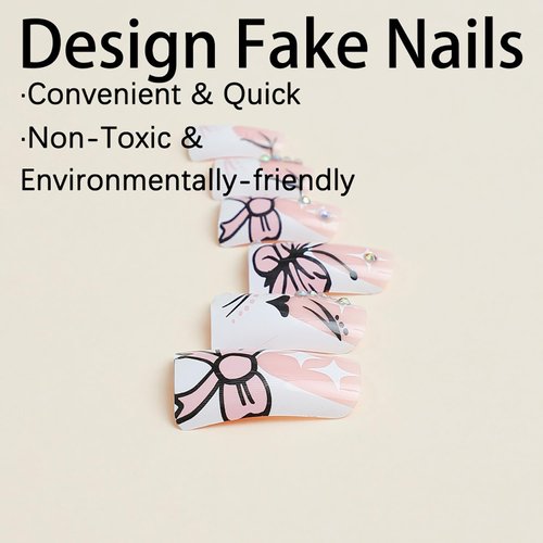 White French Tips Press on Nails Duck Shaped 24Pcs Glossy Full Cover Acrylic Short False Nails with Pink Butterfly Bow Designs Artificial Fake Nails with Charm Glue Stick on Fingernails for Women