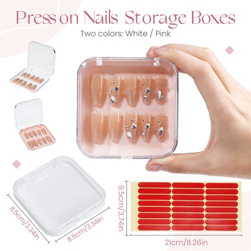 ISKYBOB 12 Packs Press On Nails Storage Boxes, Fake Nails Packing Cases with Tape Pink Nail Display Box for Home DIY, Nail Salon (3.3 x 3.3in)